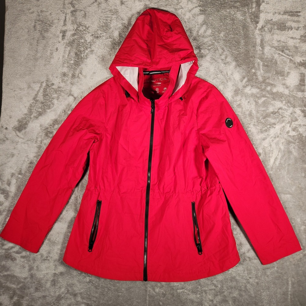 Nautica Jacket Womens XL Rain Coat Red Water Resistant Hooded Full Zip EUC